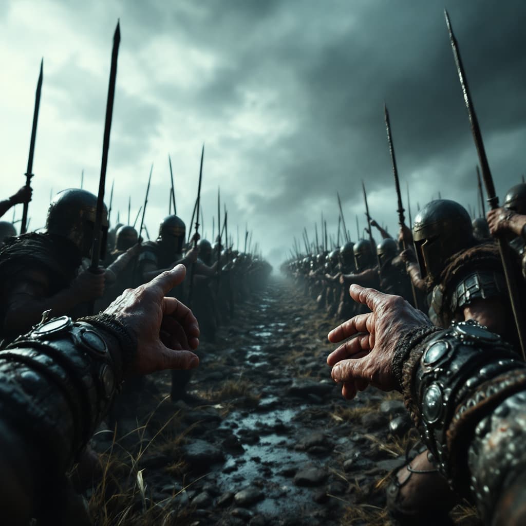 AI generated: An ultra-realistic point-of-view (POV) image capturing the first-person perspective of a Spartan sol...