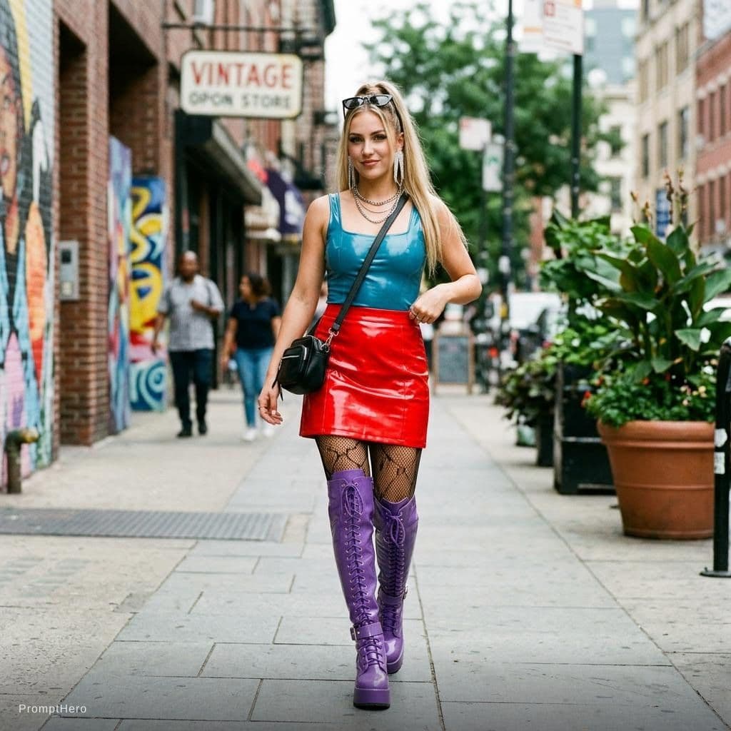 AI generated: young female in red PVC miniskirt, purple PVC platform boots, Tiel tank top PVC, blond pony tail, da...