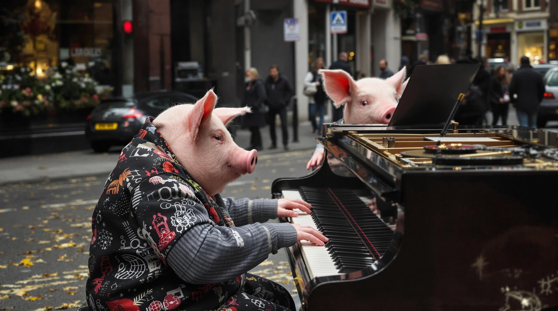 AI generated: a pig is playing piano in london