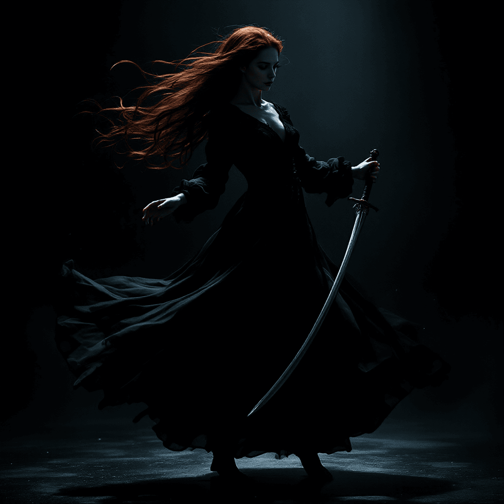 AI generated: A graceful figure with long, flowing, dark auburn hair, often moving with an almost ethereal fluidit...