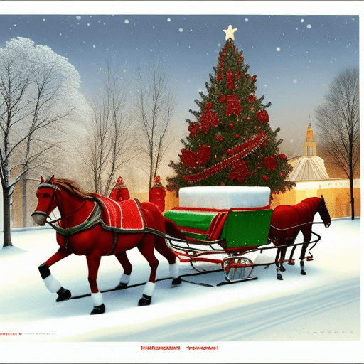 AI generated: USSR christmas postcard, ded moroz, snegurochka, christmas tree, snow, sleigh, troika of horses