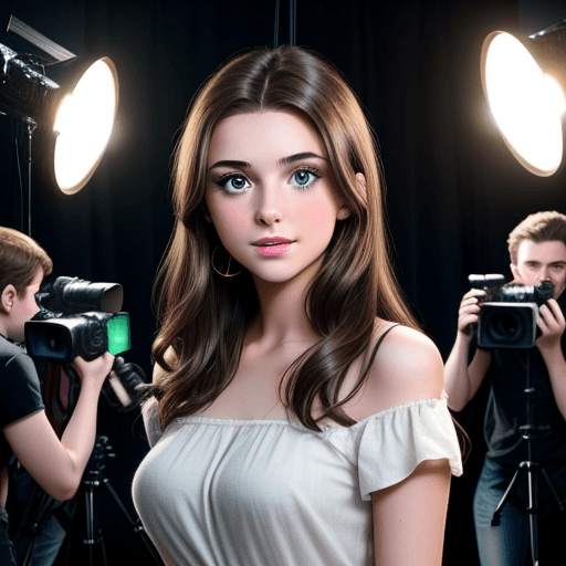 AI generated: young brunette actress on set surrounded by cameras and lights