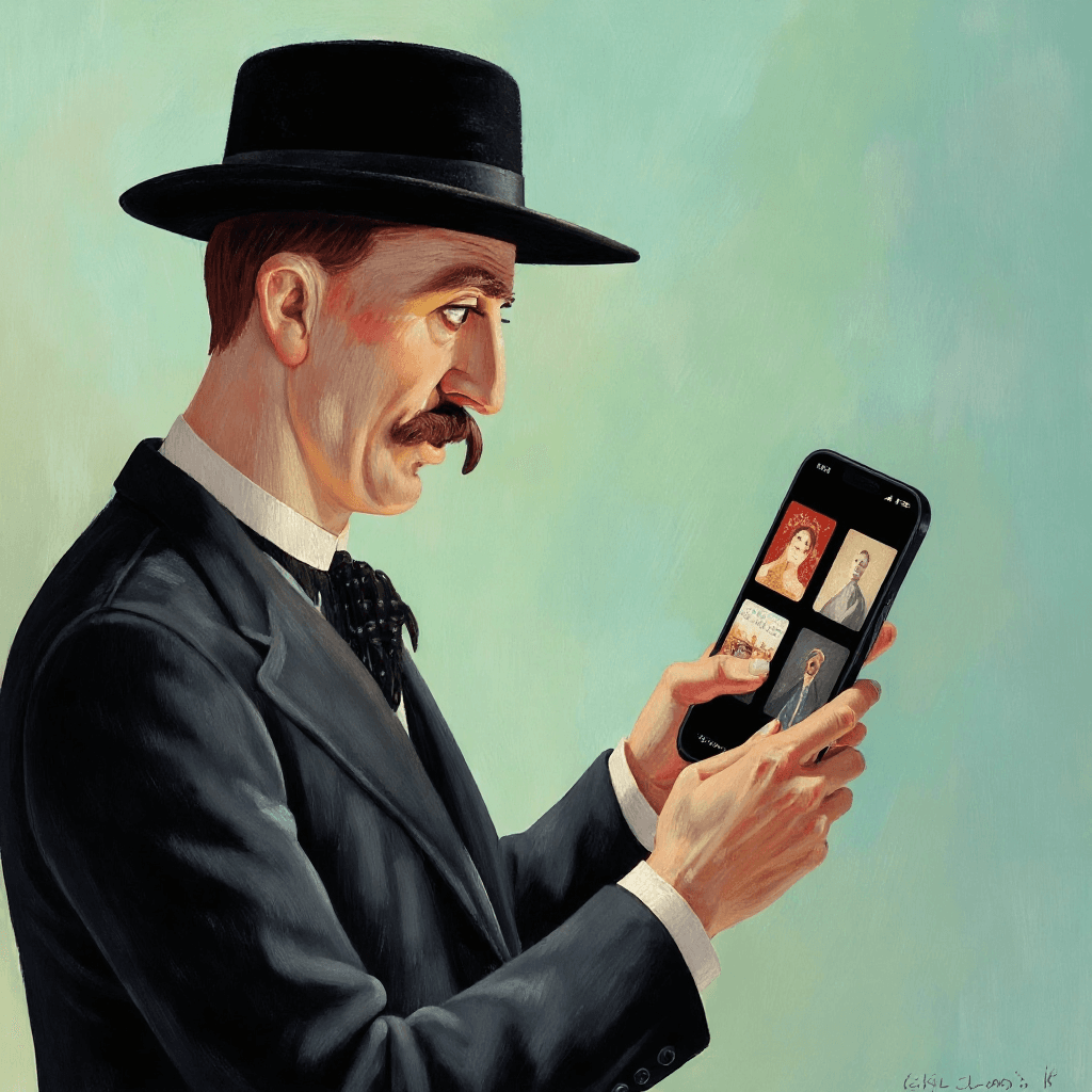 AI generated: Replace the contents of the mobile screen with a black screen that only contains 3 rows of artworks....