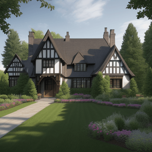 AI generated: Landscaping for a tudor house with a large open yard with bushes providing some privacy in high reso...
