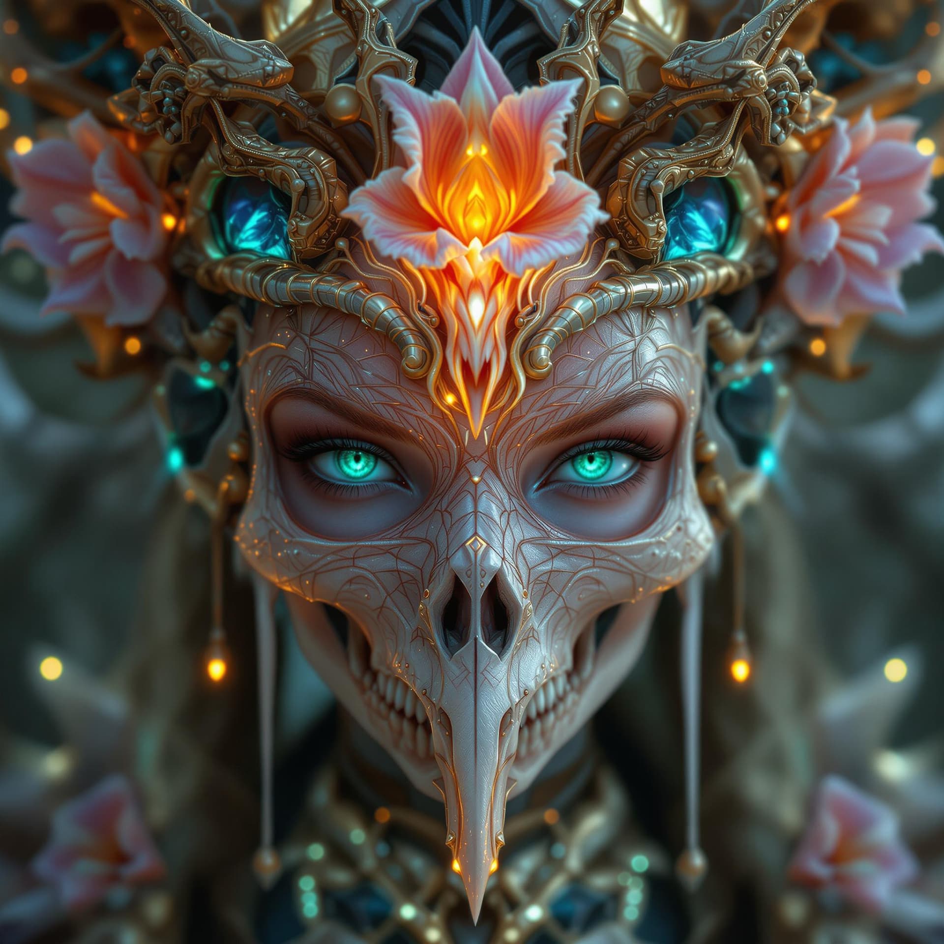 AI generated: Female forest elf close-up portrait ribcagel. phoenix head,  orchid, skull,  bioluminiscent sprites ...