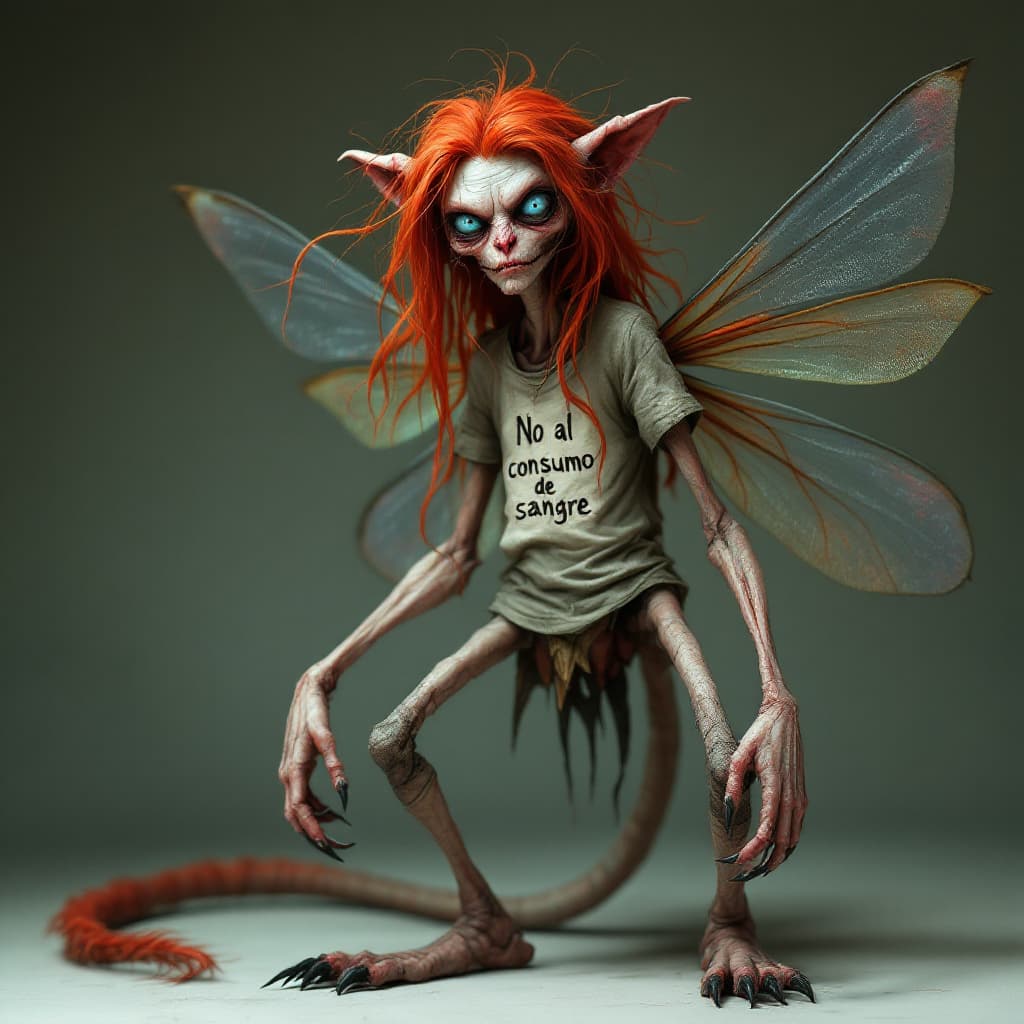 AI generated: A thin and sickly vampire with long, flowing red hair and piercing blue eyes. The vampire’s body is ...