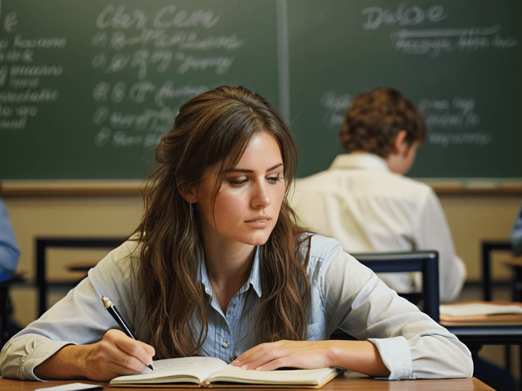 AI generated: Medium close-up, photograph of, a woman sitting in a college classroom, long messy brunette hair, bu...