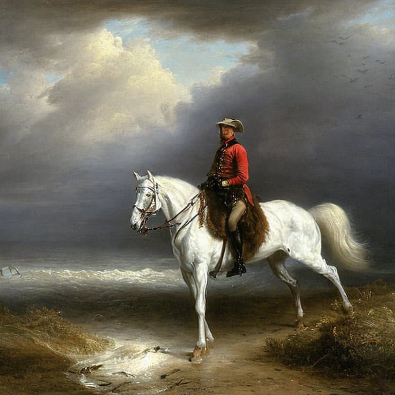 AI generated: a ghostly rider on a white horse, patrolling atop a dyke on the frisian coast. storm, fog, full body...