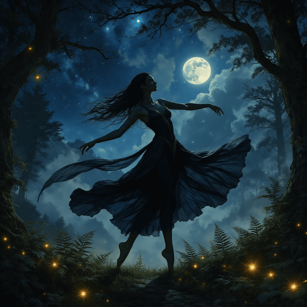 AI generated: Elven dancer silhouette gliding through an ancient moonlit glade::1.5  
flowing shadow-silk gown tr...
