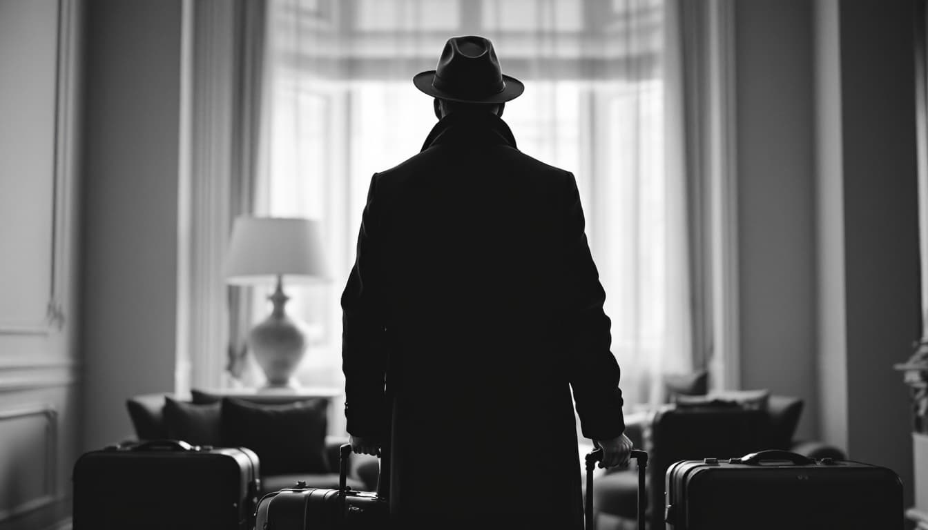 AI generated:  high definition black n white - camera shot from behind- man wearing black coat and  hat with suitc...