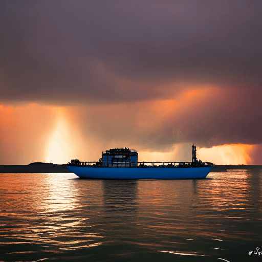 AI generated: Sunrise, floating ship in thunder storm,