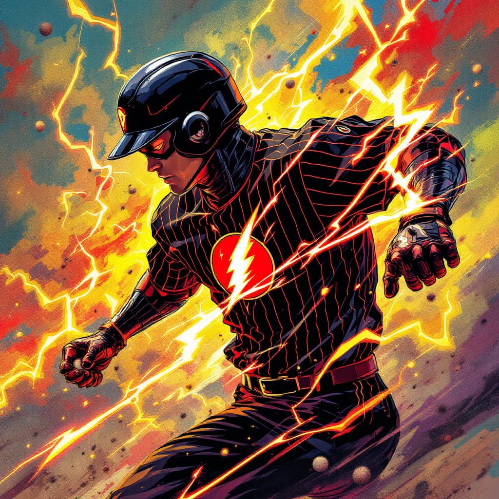 AI generated: an illustration of a flash gordon with a black baseball helmet and black pinstripe shirt with a ligh...