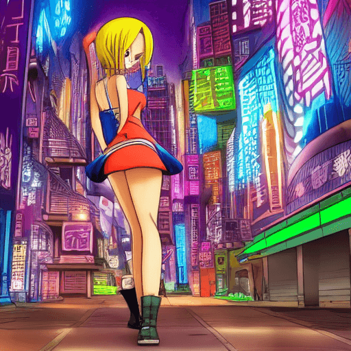 AI generated: design a girl inspired by one piece nami with short hair looking at the buildings of a big city with...