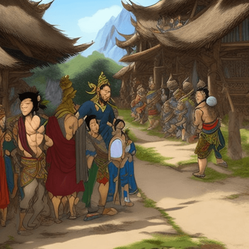 AI generated: Wukong watching a group of travelers passing through the village, showcasing his longing for adventu...