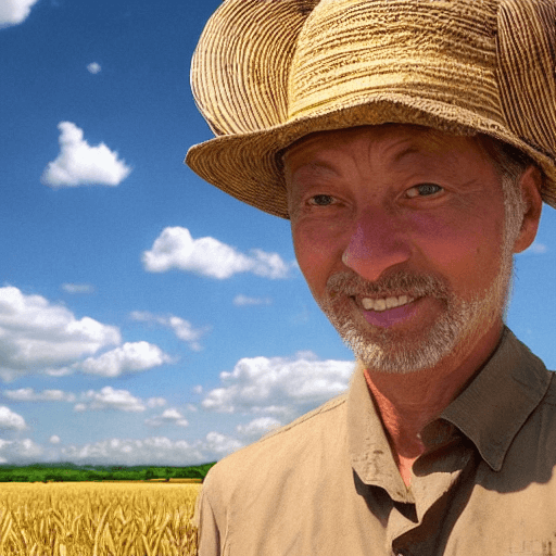 AI generated: Wheat field, a farmer uncle with a straw hat standing in a wheat field, big clouds, blue sky, rice f...