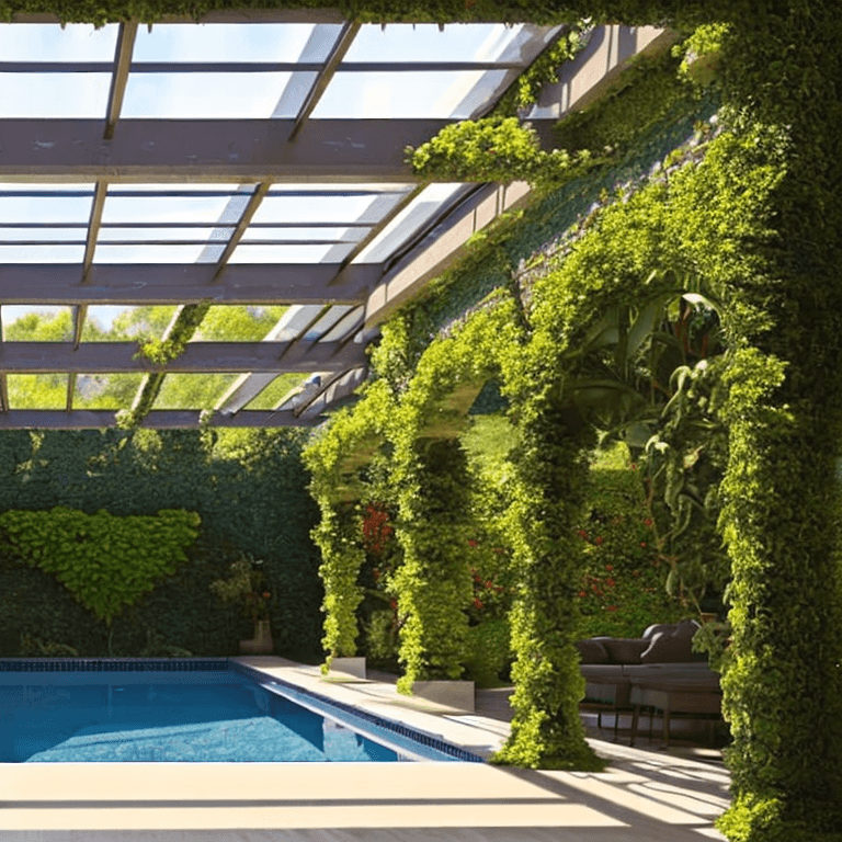 AI generated: house swimming pools with lush ivy, in the style of post-apocalyptic ruins, pre-raphaelite-inspired,...