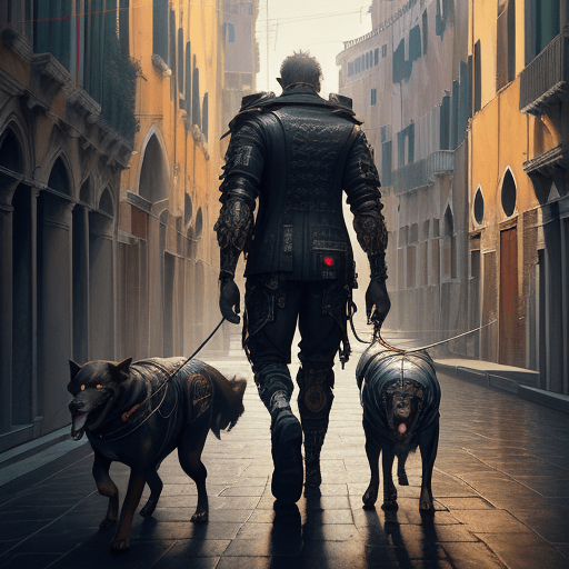AI generated: man walking with his dog in venice, cyberpunk, intricate artwork . octane render, trending on artsta...