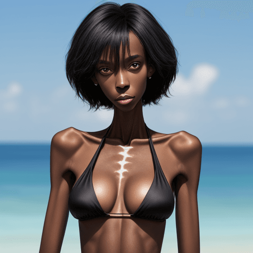 AI generated: very skinny black woman, bony and lean, wit very long neck in bikini
