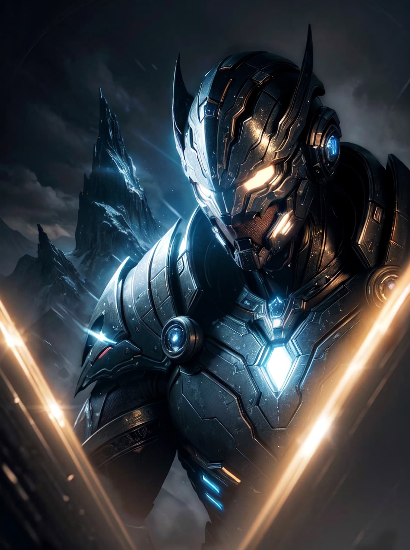 AI generated: masterpiece, best quality, 8k, fantasy painting of beautifulcyborg man, warframe style, black gold, ...