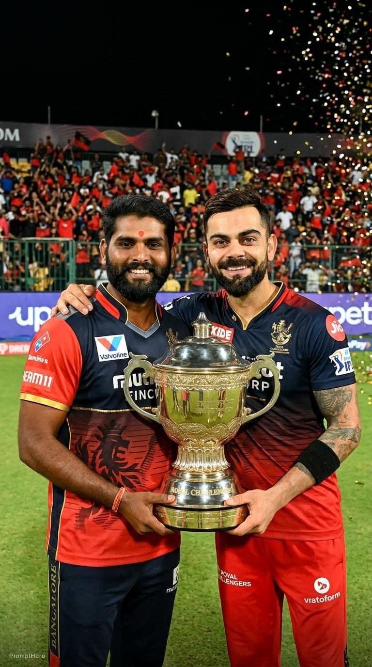 AI generated: Combine these two photos and make me to stand beside virat kohli with the ipl cup. Make virat giving...