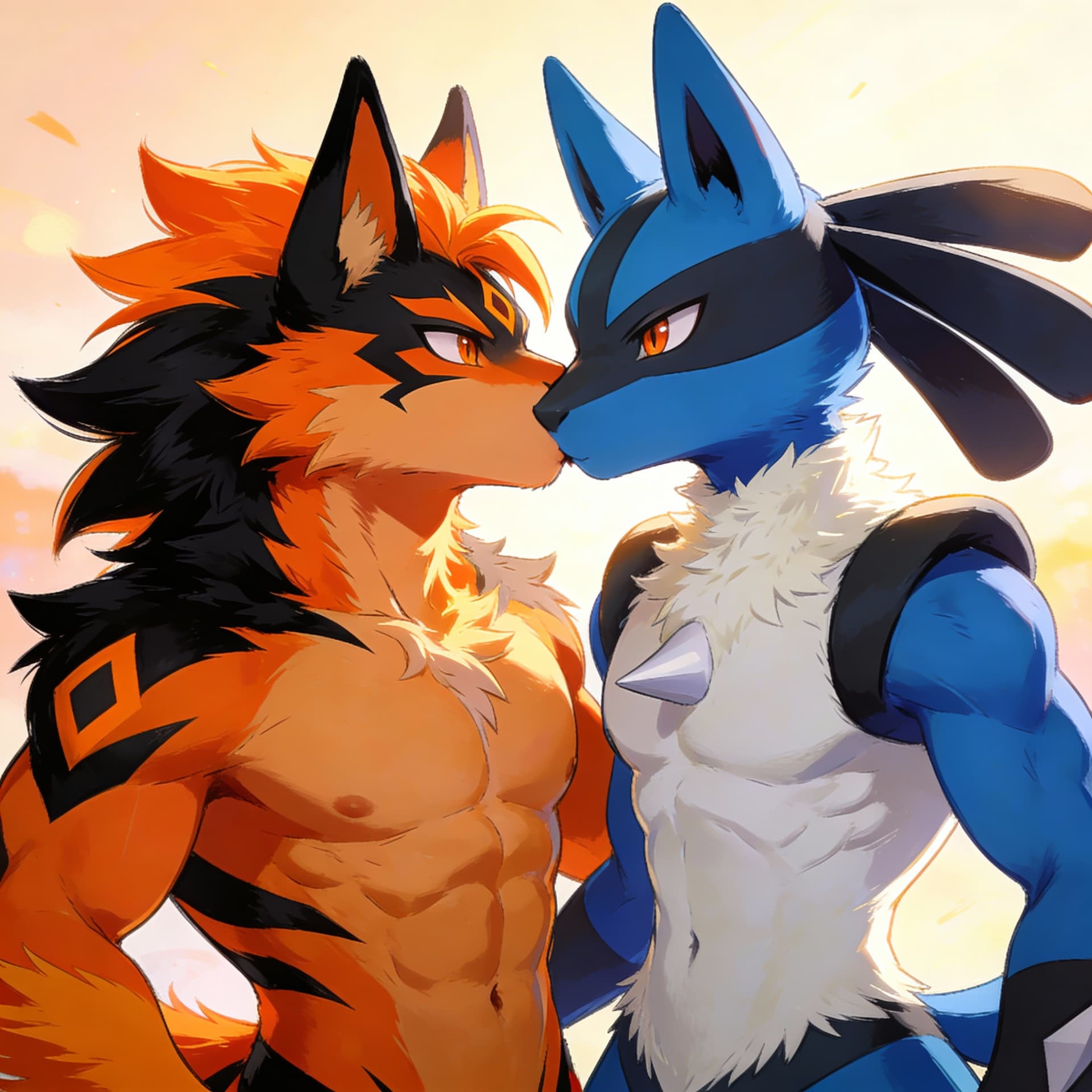 AI generated: Furry, Incineroar, Lucario, muscles, kissing
