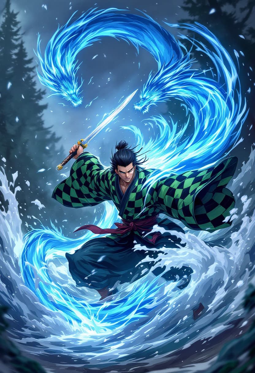 AI generated: A dynamic anime-style scene of Tanjiro Kamado performing his Water Breathing technique, slicing thro...