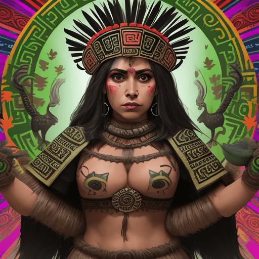 AI generated: Bosque ,mujer, guerrera, azteca, muerte, 
