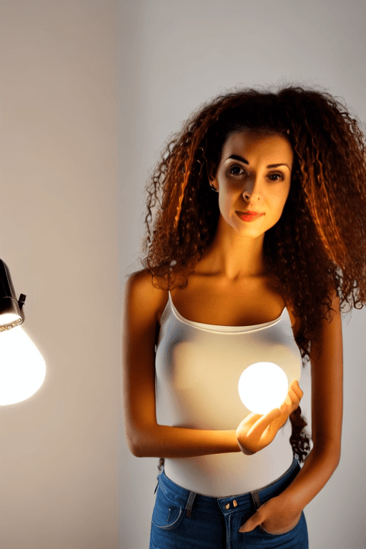 AI generated: beautyful skinny latina girl, long brown curly haired, big breast, in office, lamp light ambient at ...