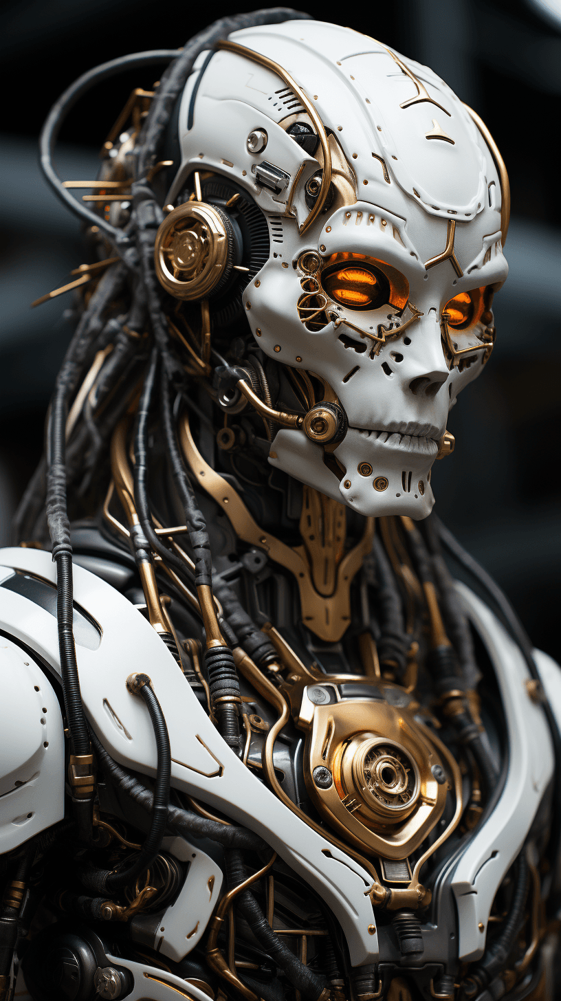 AI generated: Electronic system on head humanoid, cyborg man, with a visible detailed brain,canon m50 100m| sharp ...