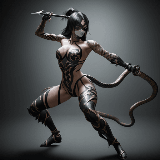 AI generated: Full body photoshoot of action pose motion blur incredible "Mileena" with half face mask, snake eyes...