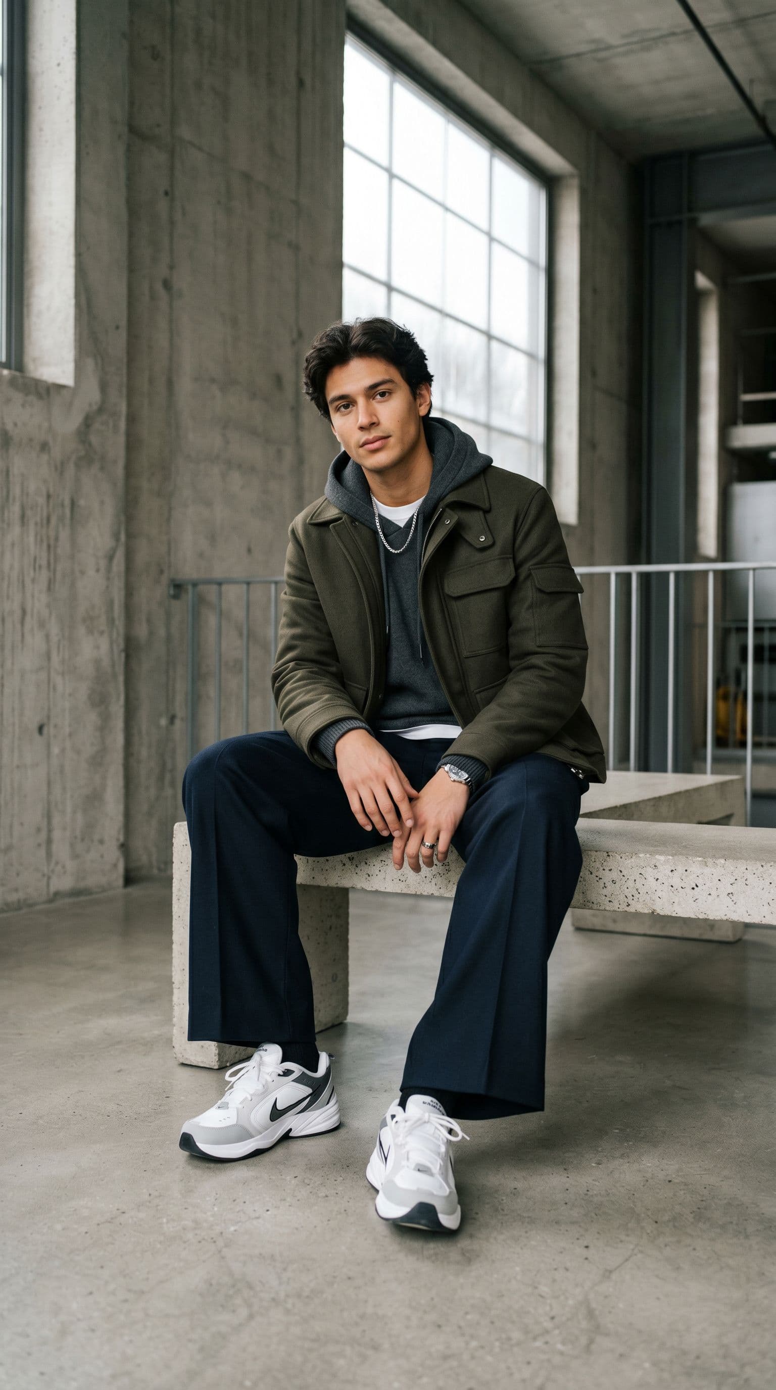 AI generated: Create a high-end fashion image of a male model wearing relaxed luxury streetwear with wide-leg trou...