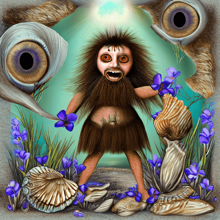 AI generated: hiperrealistic style,grunge,Very funny mystical hairy creature on the shore of a sea, big eyes, very...