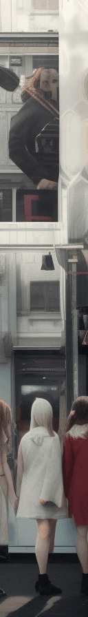AI generated: filmic photo of a group of three women on a street downtown, they are holding their hands up the cam...