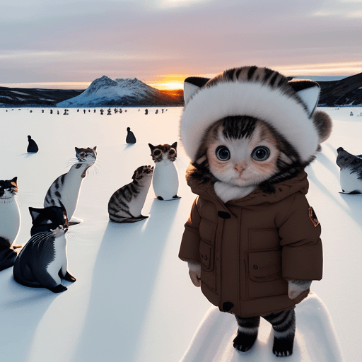 AI generated: In the snow, there is an ice field with many seals standing on it. A real cute baby cat wearing a br...