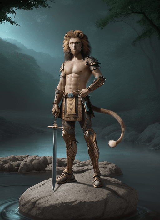 AI generated: an anthropomorphic lion warrior, with a tail, standing heroically on a rock holding a sword in his h...