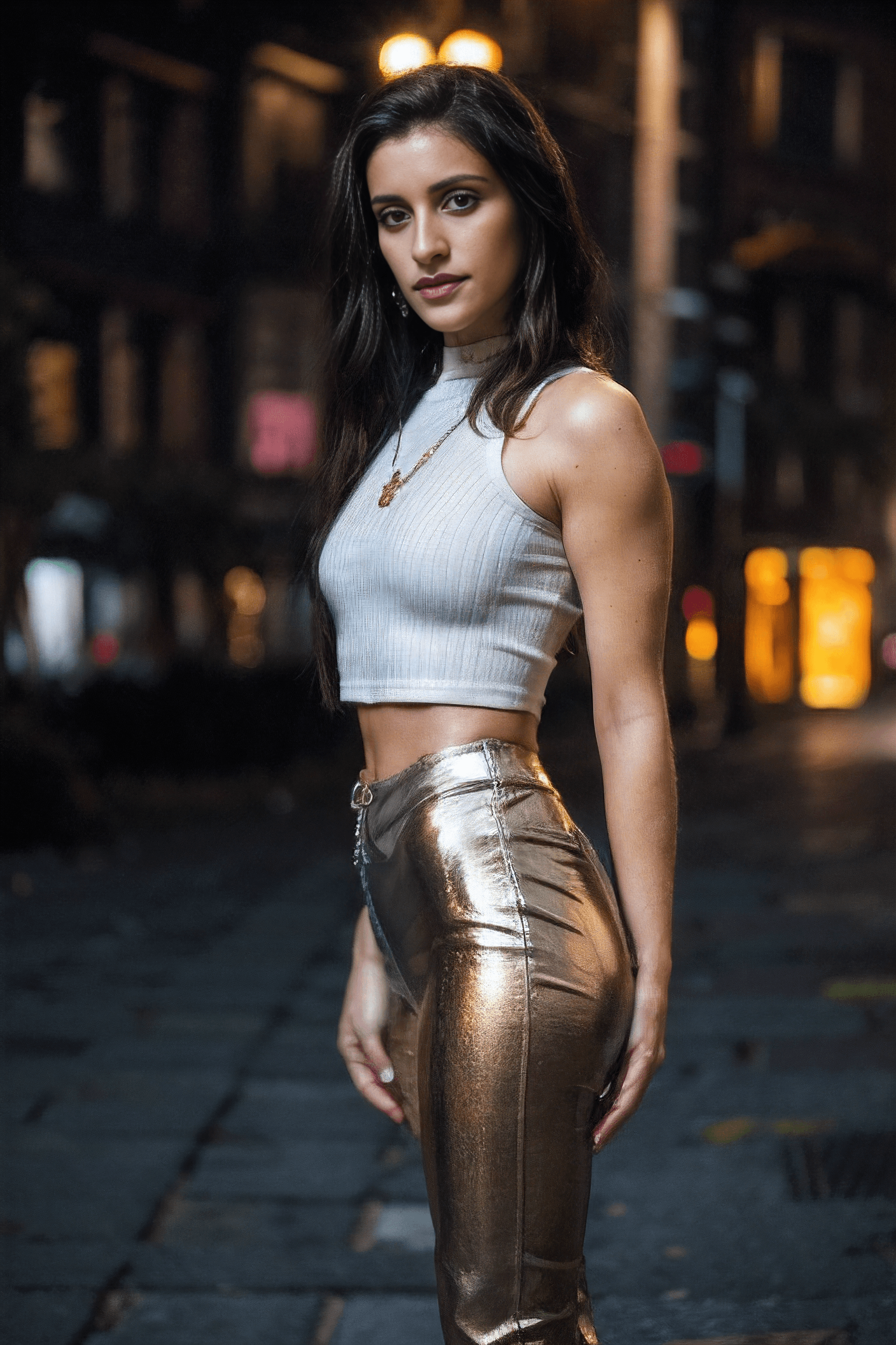 AI generated: Anya Chalotra, (1girl), (full body), (cyberpunk 2077 look), (long tight shiny, metallic pants:1.4), ...