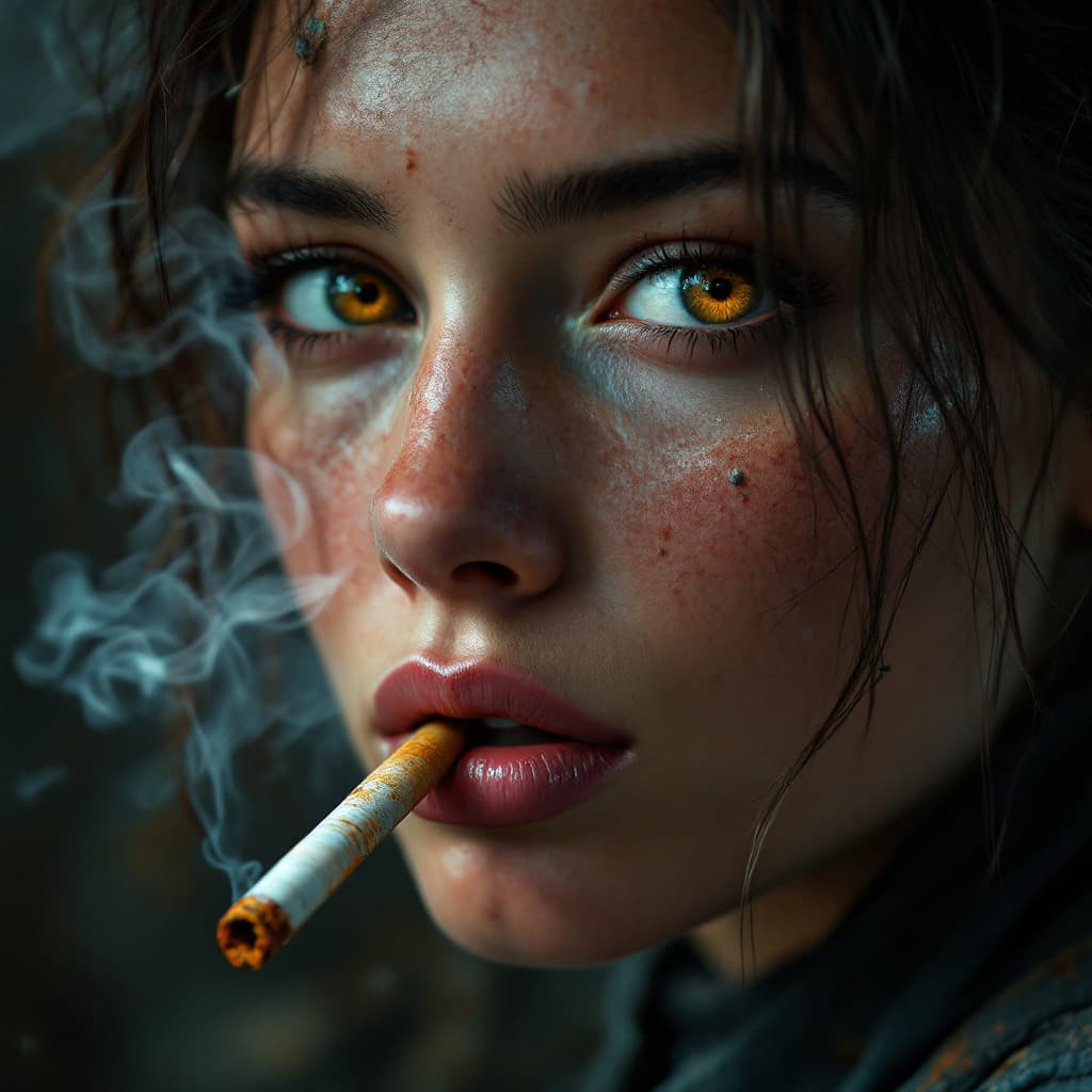 AI generated:  photo of the most beautiful artwork in the world for a woman featuring soft lustrous,she is Smoking...
