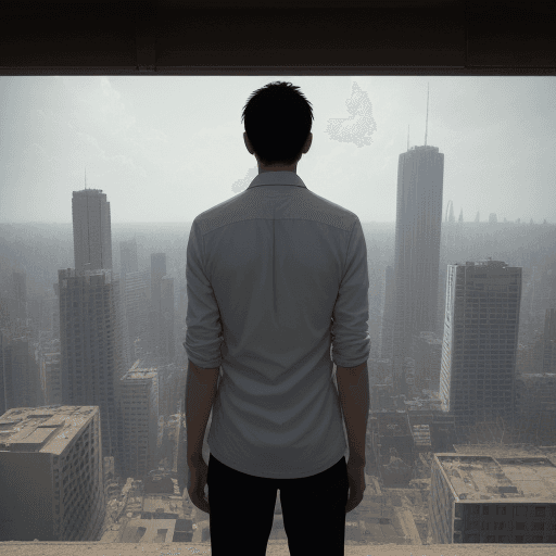 AI generated: a view from afar, as a guy stands with his back and sees in front of him a lot of unfinished work fr...