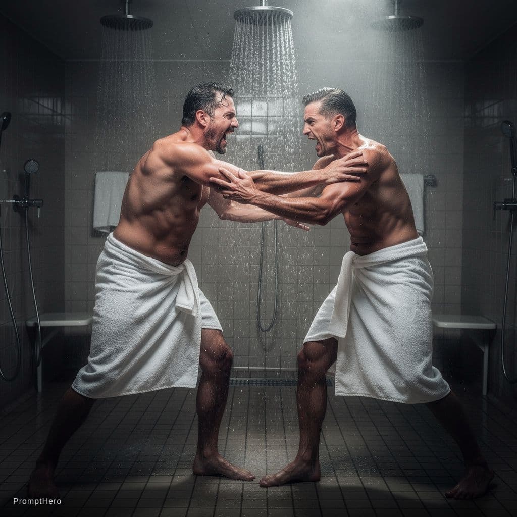 AI generated: 2 men fighting in the showers, flaccid penises