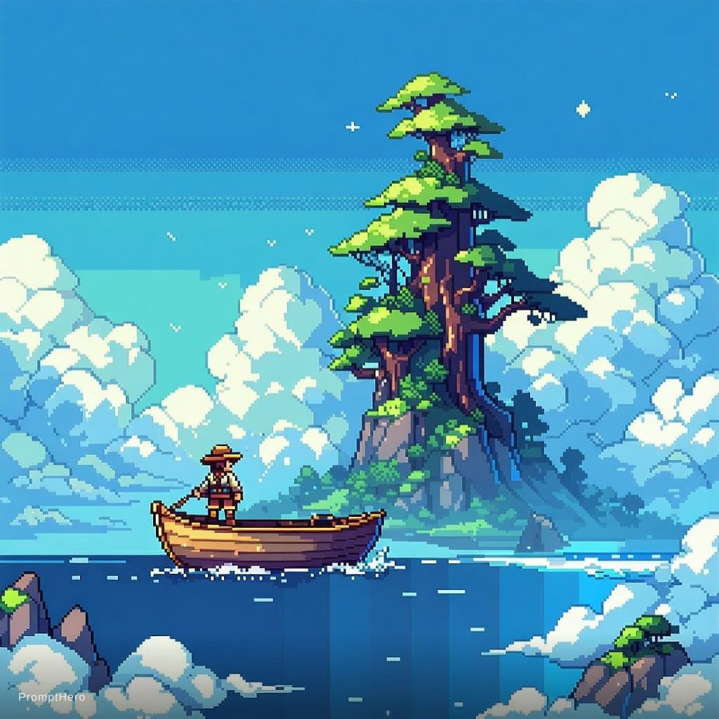 AI generated: 
16 bit pixel art, epic composition of a explorer in a boat reaching an island in the clouds, by stu...