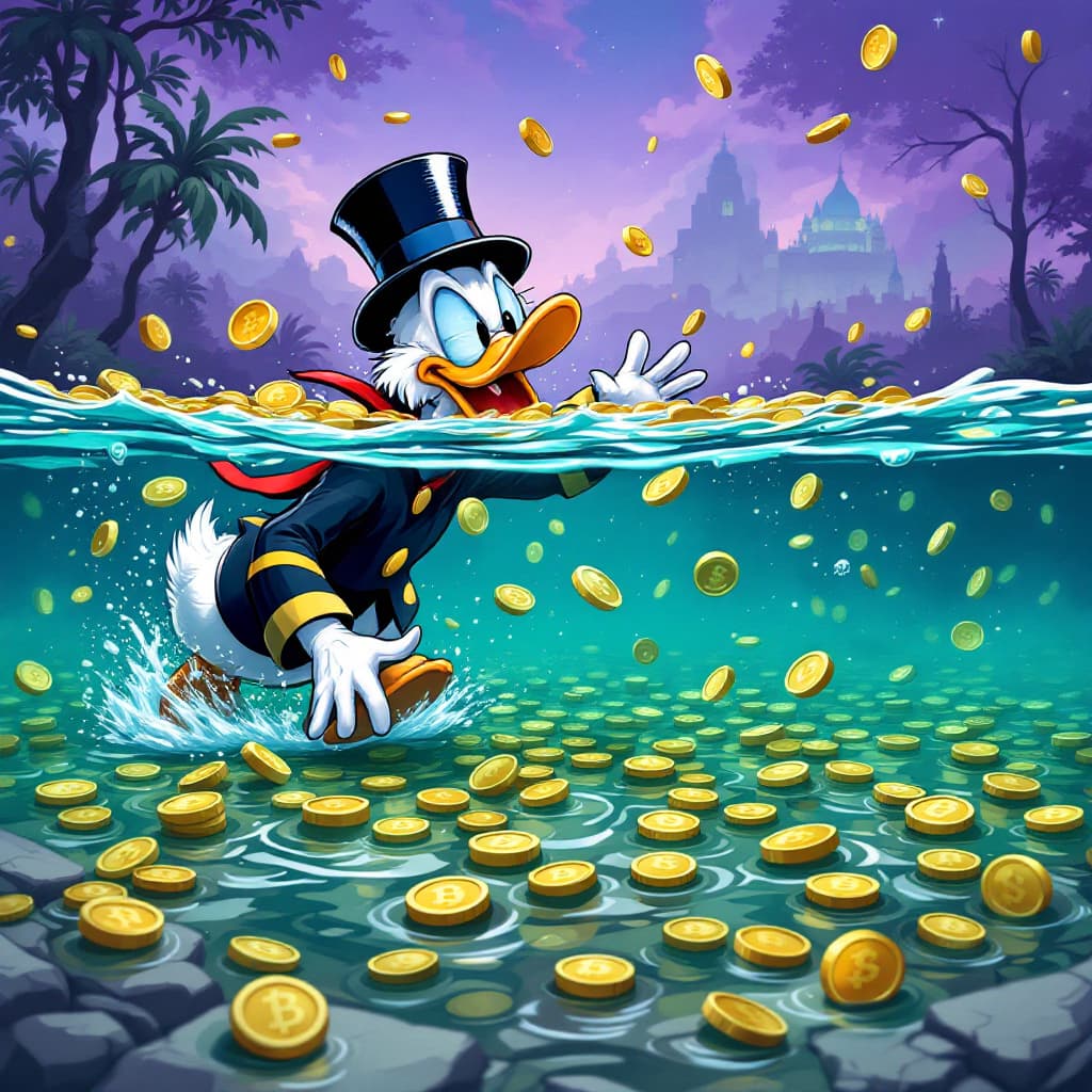 AI generated: make me a scrooge mcduck diving into a pool of crypto coins