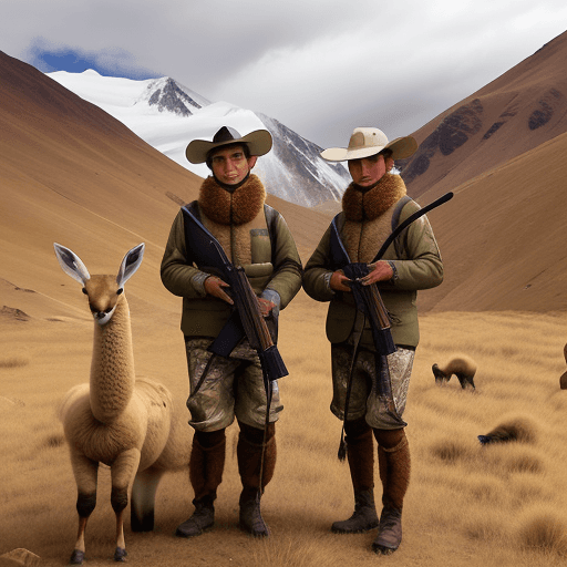 AI generated: photo about some hunters in the andes shooting a vicuña
