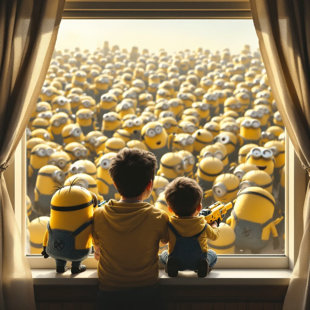 AI generated:  A boy and his dad looking from a window at daylight and sees many walking  Minions  . Their body ar...