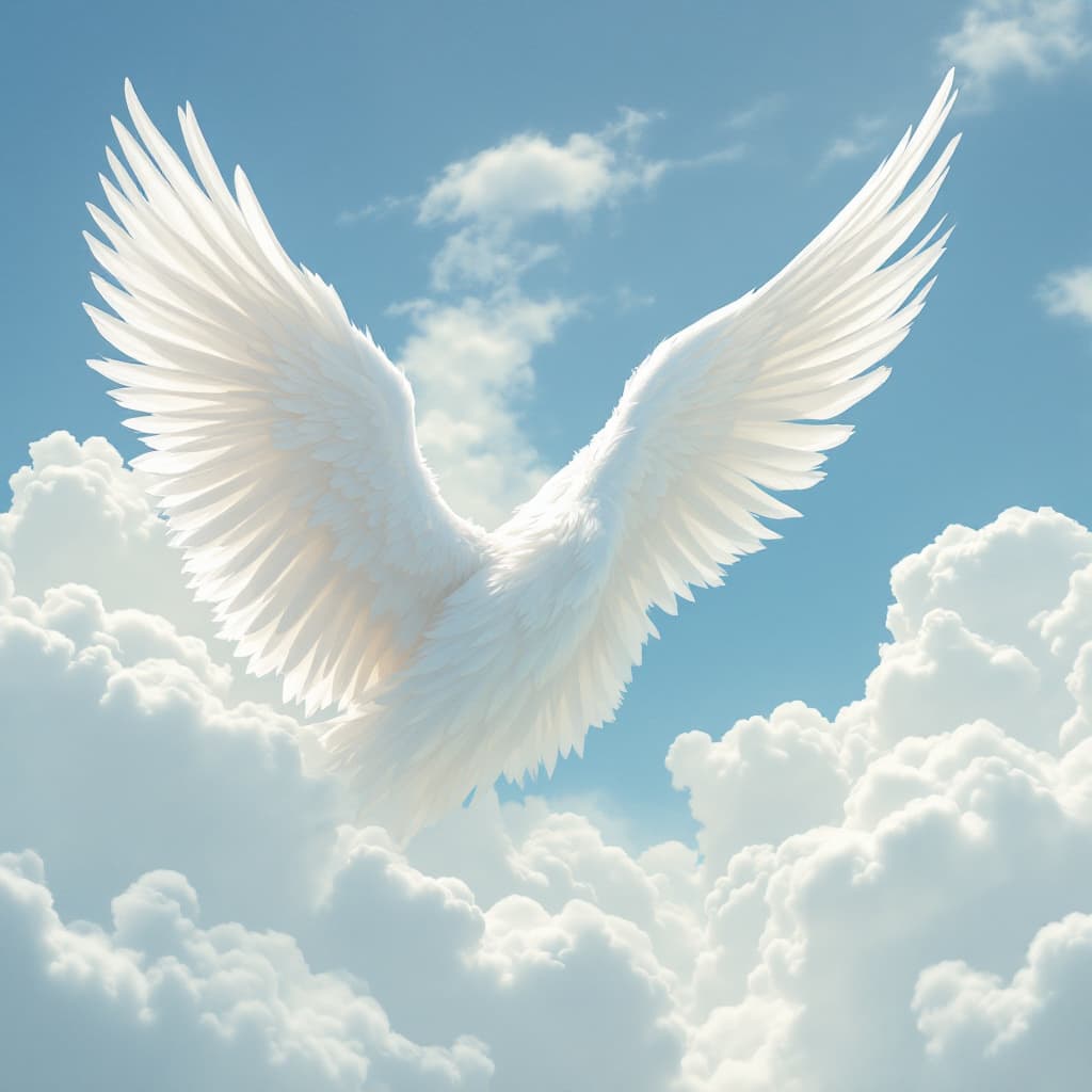 AI generated: Delicate bright white Angel wings in the clouds, no shadows, male masculine  arm below the left wing...