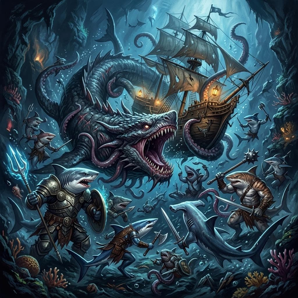 AI generated: a large group of different types of anthropomorphic sharks fighting a giant leviathan as it tries to...