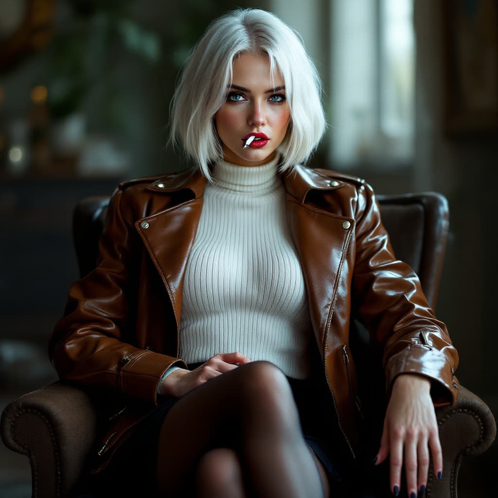 AI generated: pertty woman, white hair, bob cut, blue eyes, freckles, red lips, closed lips, white sweater, tight ...