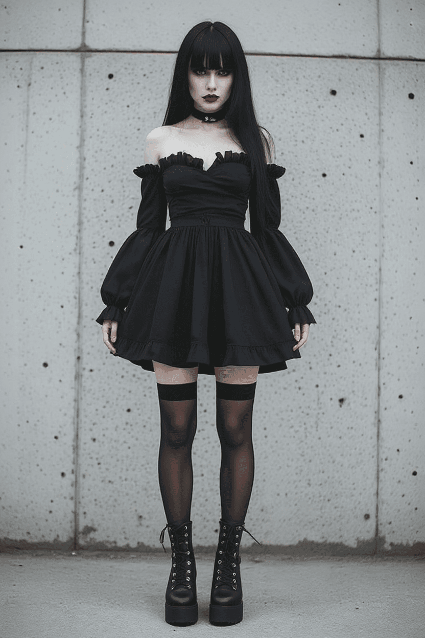 AI generated: A dark and mysterious woman with long black hair,

she is wearing an black gothic dress, bare should...