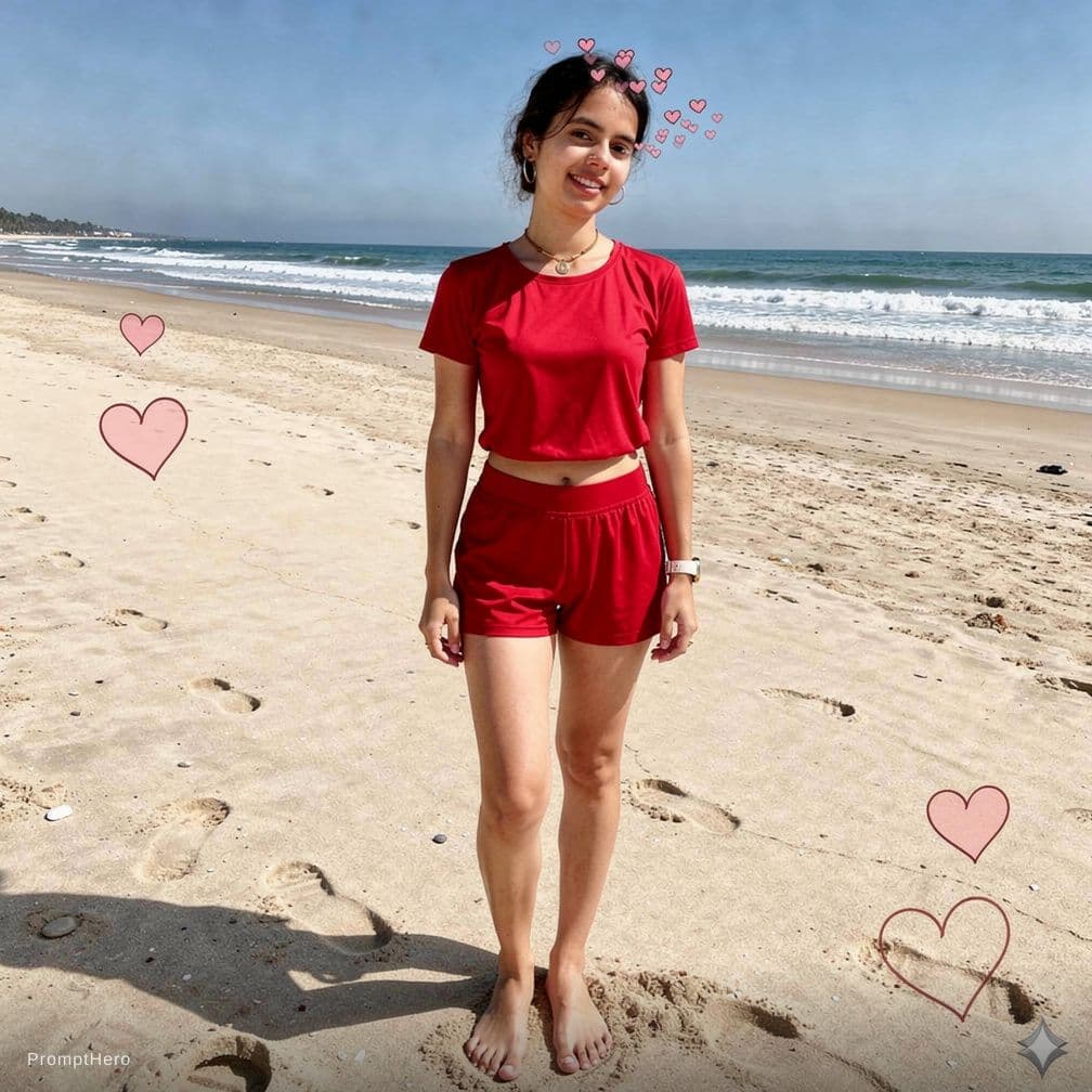 AI generated: create this model to be in beach with red bikini remove the high heels 