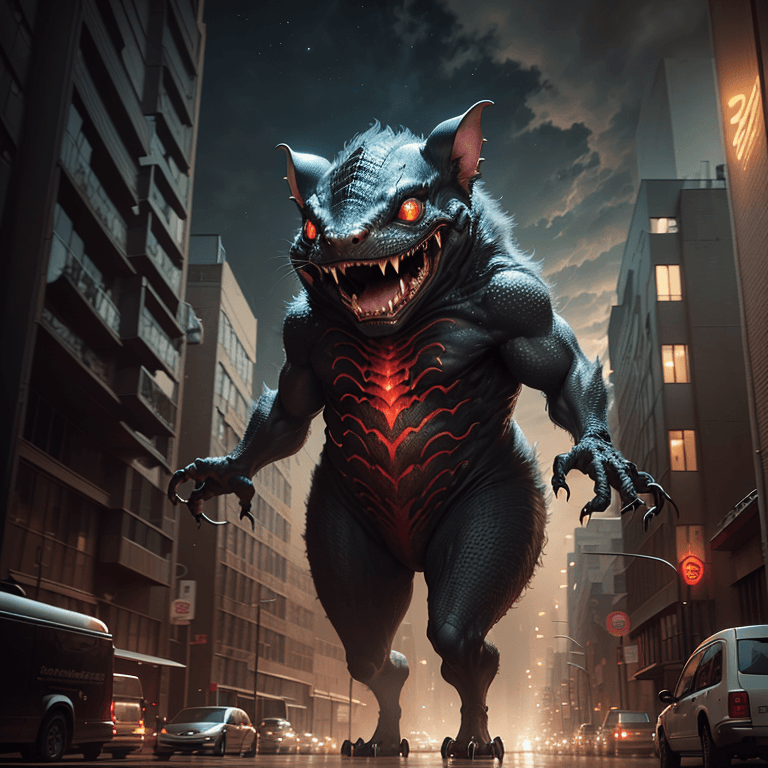 AI generated: haunting alien creature that looks like a monstrous giant shrew with many fangs, reddish eyes, urban...