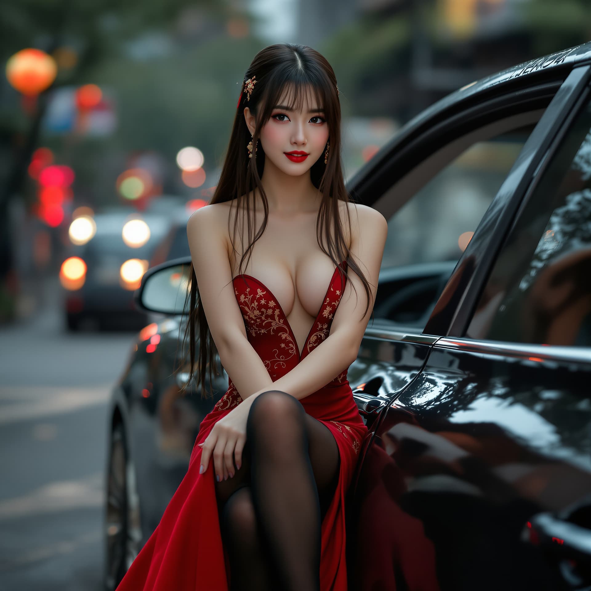 AI generated: (Solo,crossing legs on car:1),on street,Extreme Detailed Face,gorgeous,(Russian-Chinese girl, more r...